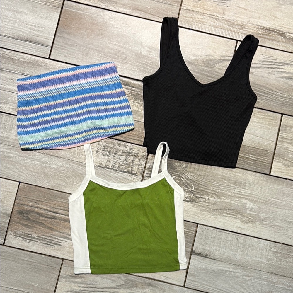 🛍️ SHEIN lot of 3 summer tops. Black, Green, and Striped Crop Tops